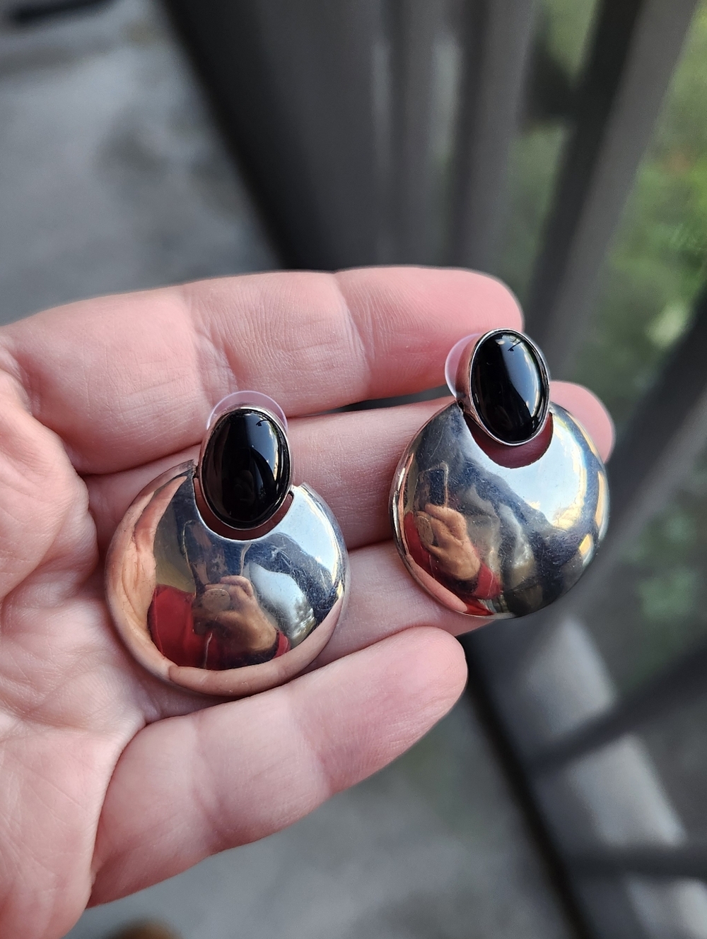 Handmade Sterling Silver 925 Taxco Mexico Onyx Concho Post Back Earrings